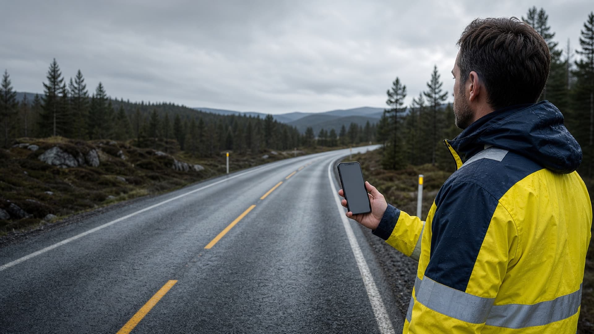 Norsk veimiljø med feltarbeider og telefon